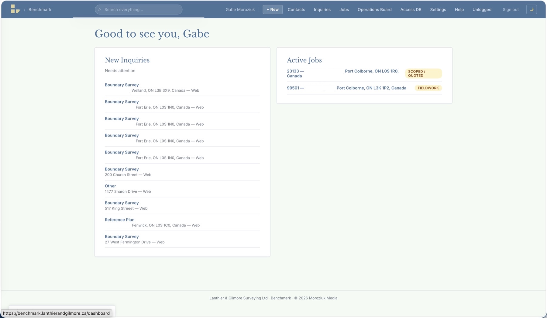 Benchmark surveying operations dashboard