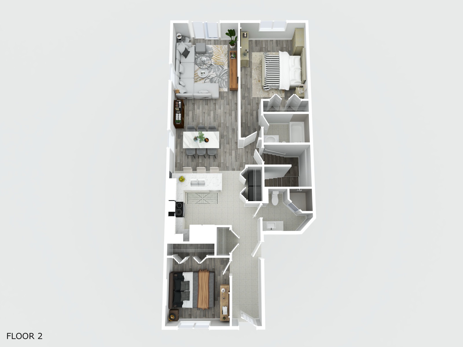 Furnished three-dimensional residential floor plan
