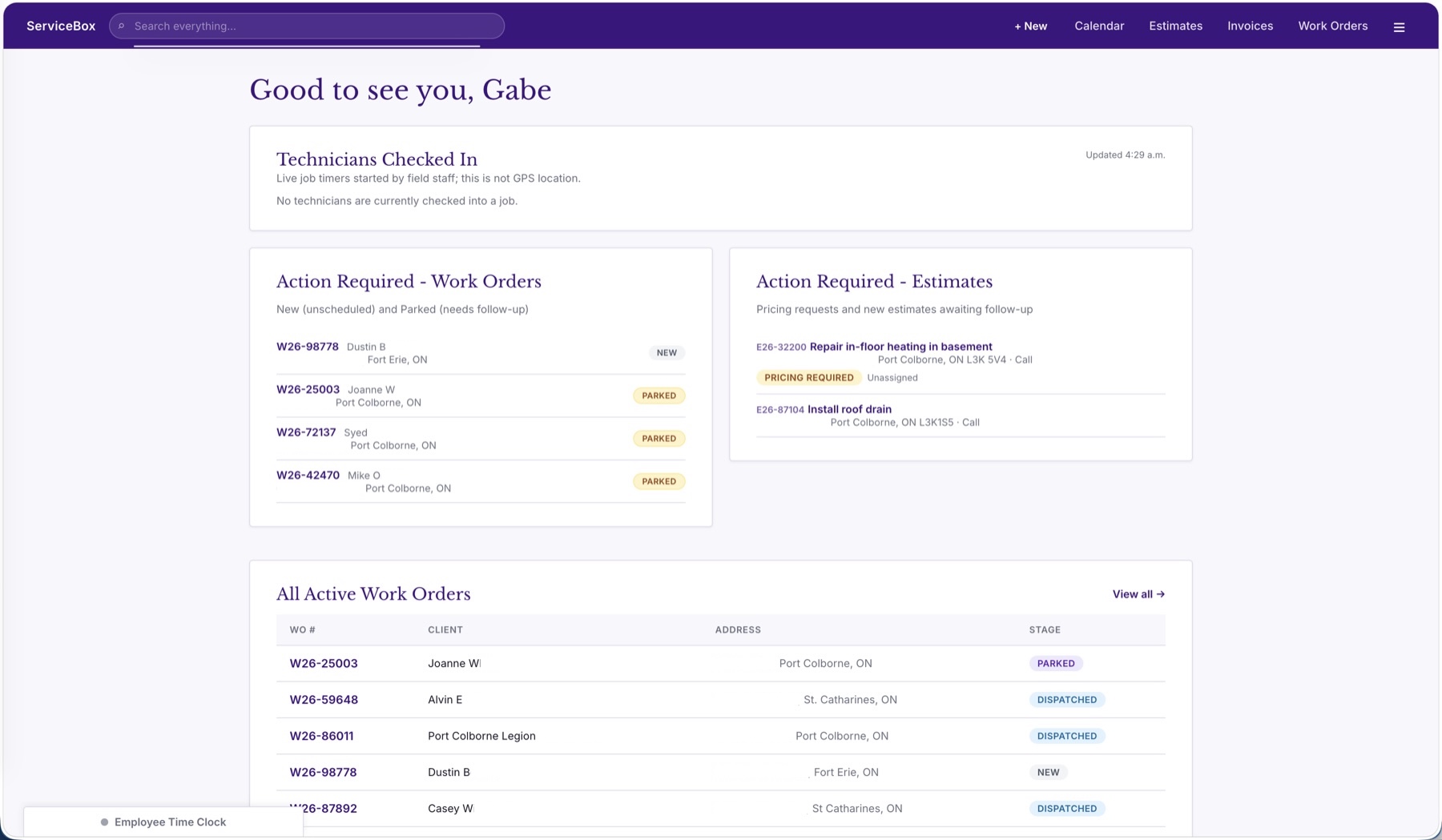 Workbench field-service dashboard